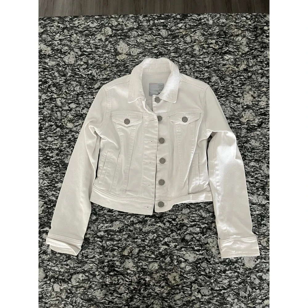 Old Navy Kids White Denim Trucker Jacket Girls Size L‎ 10-12 Button Up Jean Coat
